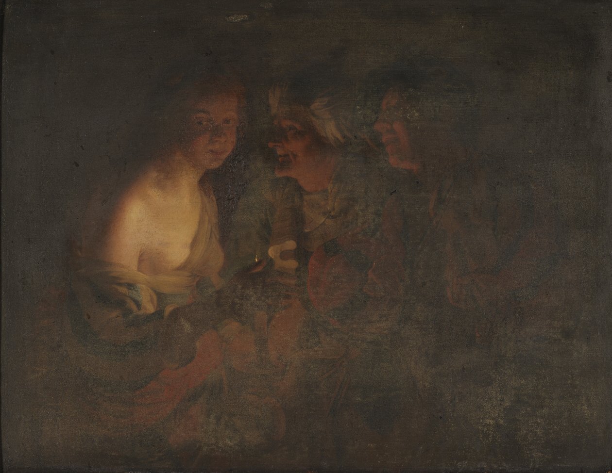 Młoda kobieta ze świecznikiem, stara kobieta i skrzypaczka autorstwa Gerard van Honthorst