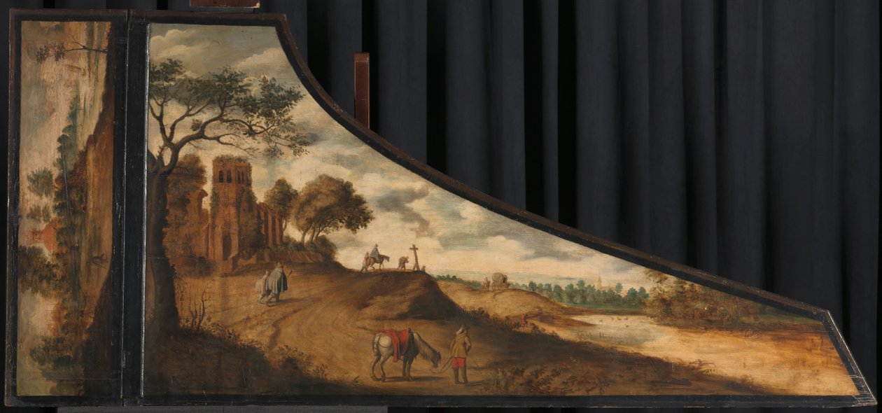Pokrywka klawesynu Malowanie na pokrywie klawesynu z pagórkowatym krajobrazem i podróżnikami autorstwa Gerard van der Horst (copy after)