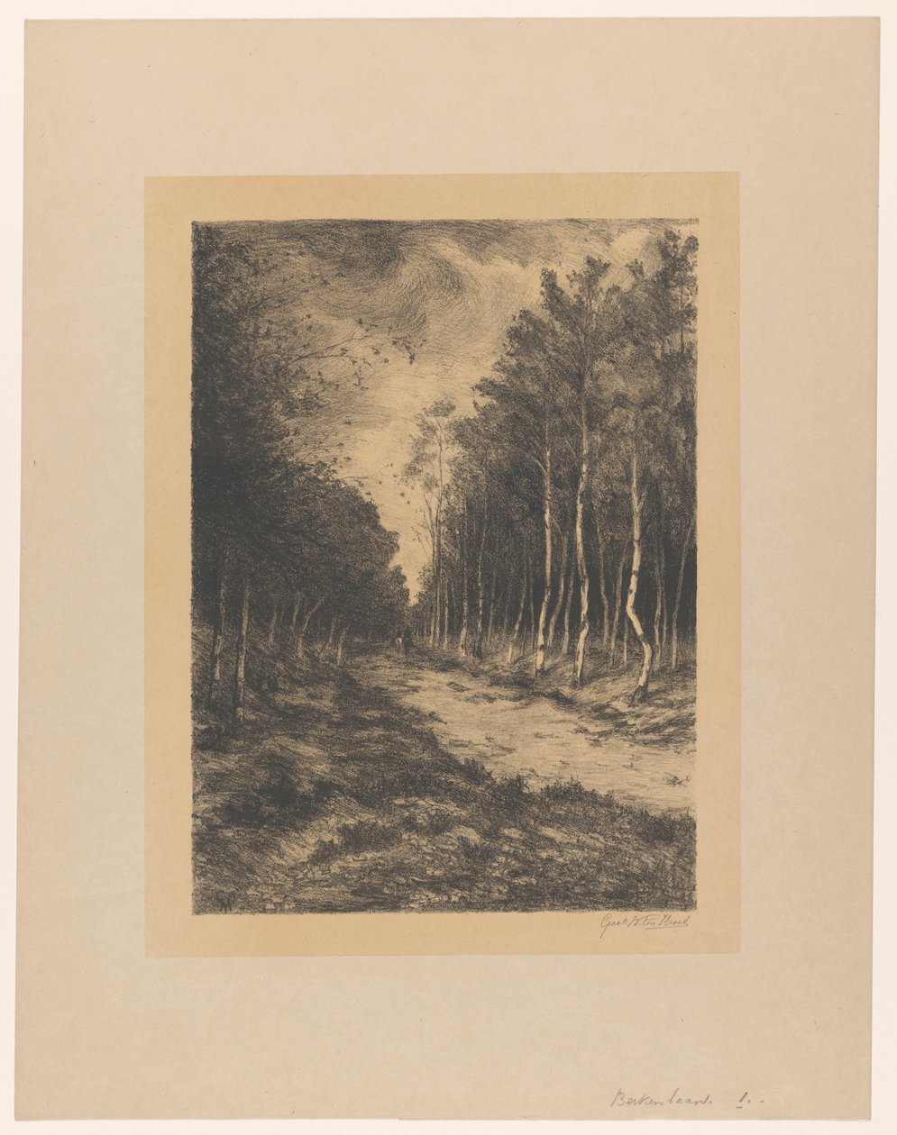 Leśny szlak z dwoma jeźdźcami Berkenlaan (tytuł na obiekcie) autorstwa Gerarda Wilhelmina ten Hoet (signed by artist)