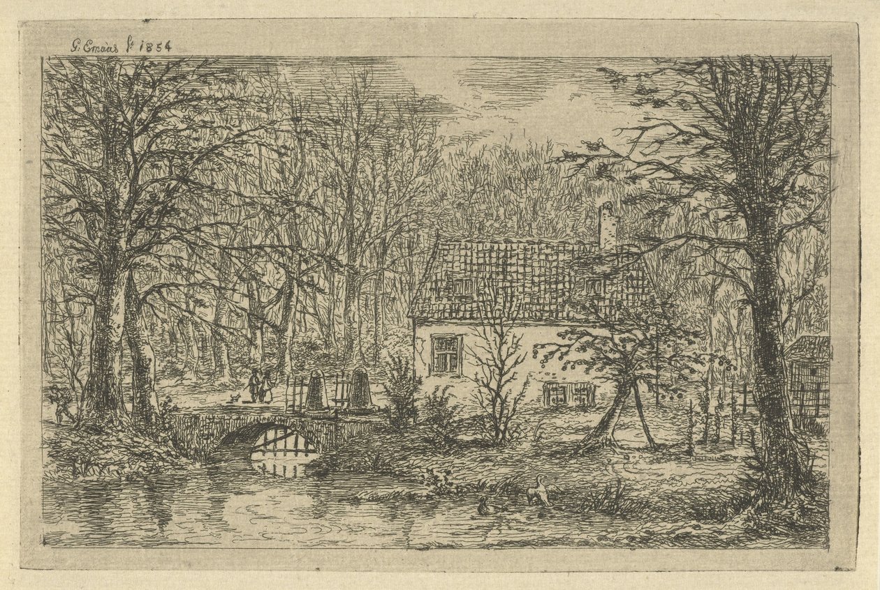 Dom z mostem nad rowem Dom myśliwego w Haagsche Bosch autorstwa Gerardus Emaus de Micault