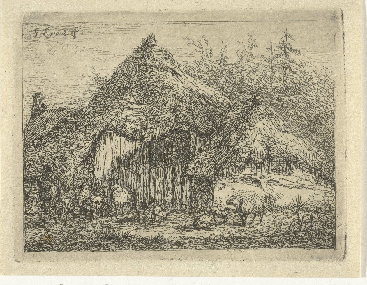 Pasterz w chacie darni Stado owiec autorstwa Gerardus Emaus de Micault
