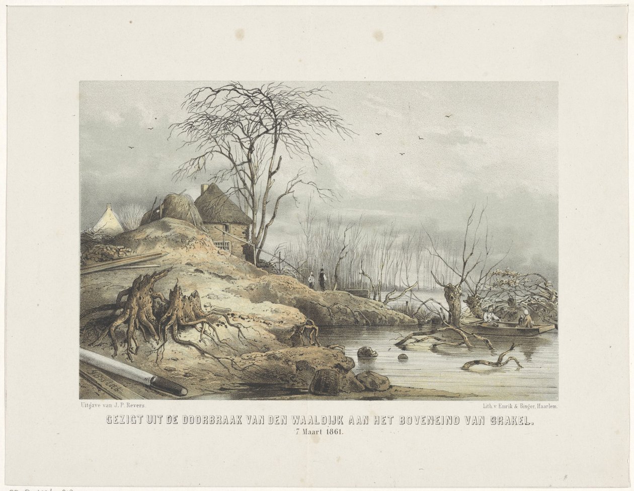 Przełom Waaldijk Widok przełomu den Waaldijk na szczycie Brakel 7 marca 1801 (tytuł na obiekcie) autorstwa Gerardus Johannes Bos