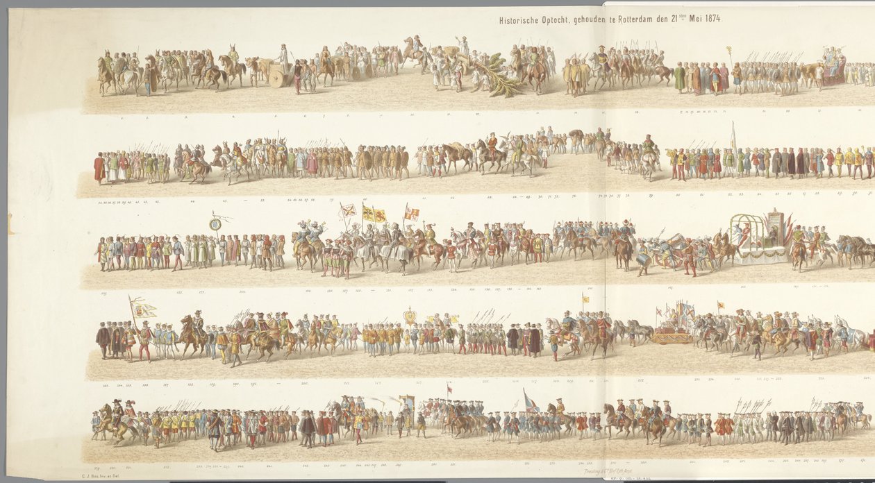 Parada historyczna w Rotterdamie Procesja historyczna, która odbyła się w Rotterdamie 21 maja 1874 r. (tytuł na obiekcie) autorstwa Gerardus Johannes Bos
