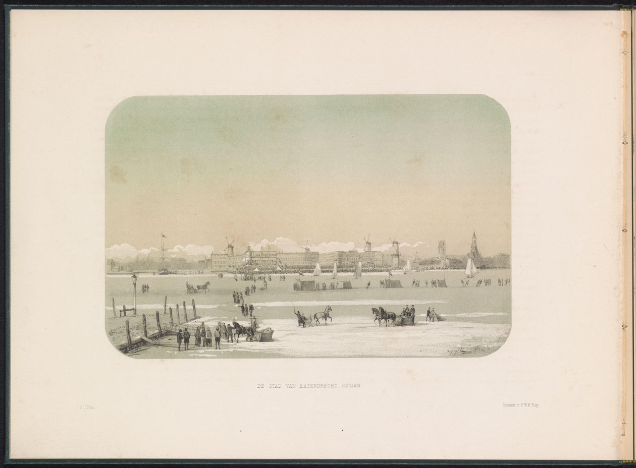 Lodowa rozrywka na Maas w Rotterdamie, widziana z Katendrechtu, 1855 Widziane miasto Katendrecht (tytuł na obiekcie) Zabawa na lodzie na Maas w Rotterdamie w lutym 1855, z podpisami (tytuł serialu na obiekcie) autorstwa Gerardus Johannes Bos