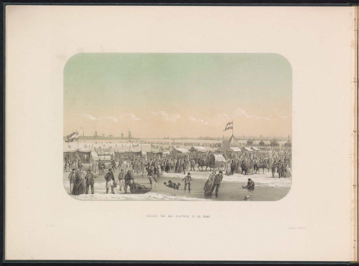 Lodowa rozrywka na Maas w Rotterdamie, widziana z twierdzy, 1855 Widok twierdzy na Maasie (tytuł na obiekcie) Zabawa na lodzie na Maas w Rotterdamie w lutym 1855, z podpisami (tytuł serialu na obiekcie) autorstwa Gerardus Johannes Bos