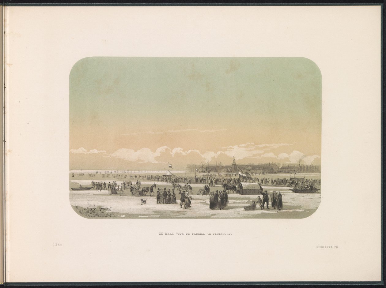 Lodowa rozrywka na Maas w Rotterdamie, w oddali fabryka w Feijenoord, 1855 Maas przed fabryką w Feijenoord (tytuł na obiekcie) Zabawa na lodzie na Maas w Rotterdamie w lutym 1855, z podpisami (tytuł serialu na obiekcie) autorstwa Gerardus Johannes Bos