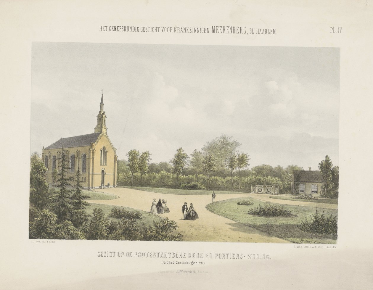 Kościół i dom portiera za Meerenberg Widok kościoła ewangelickiego i domu odźwiernego (tytuł na obiekcie) Przytułek medyczny dla obłąkanego Meerenberga pod Haarlem (tytuł serii na obiekcie) autorstwa Gerardus Johannes Bos
