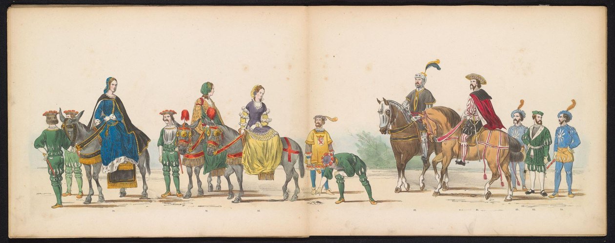 Maskarada uczniów Leiden, 1855 (tablica 10) Procesja w kostiumach zorganizowana przez członków korpusu studenckiego Leiden w dniu 12 czerwca 1855 roku z okazji 280. rocznicy Leidsche Hoogeschool, przedstawiająca wjazd Karola V do autorstwa Gerardus Johannes Bos