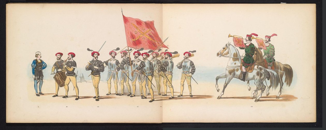 Maskarada uczniów Leiden, 1855 (tablica 12) Procesja w kostiumach zorganizowana przez członków korpusu studenckiego Leiden w dniu 12 czerwca 1855 roku z okazji 280. rocznicy Leidsche Hoogeschool, przedstawiająca wjazd Karola V do autorstwa Gerardus Johannes Bos