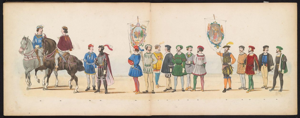 Maskarada uczniów Leiden, 1855 (tablica 13) Procesja w kostiumach zorganizowana przez członków korpusu studenckiego Leiden w dniu 12 czerwca 1855 roku z okazji 280. rocznicy Leidsche Hoogeschool, przedstawiająca wjazd Karola V do autorstwa Gerardus Johannes Bos