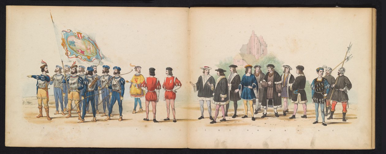 Maskarada uczniów Leiden, 1855 (tablica 2) Procesja w kostiumach zorganizowana przez członków korpusu studenckiego Leiden w dniu 12 czerwca 1855 r., z okazji 280. rocznicy Leidsche Hoogeschool, przedstawiająca wjazd Karola V do autorstwa Gerardus Johannes Bos
