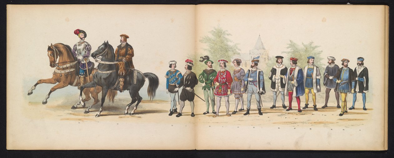 Maskarada studentów Leiden, 1855 (tablica 4) Procesja w kostiumach zorganizowana przez członków korpusu studenckiego Leiden w dniu 12 czerwca 1855 r., z okazji 280. rocznicy Leidsche Hoogeschool, przedstawiająca wjazd Karola V do autorstwa Gerardus Johannes Bos