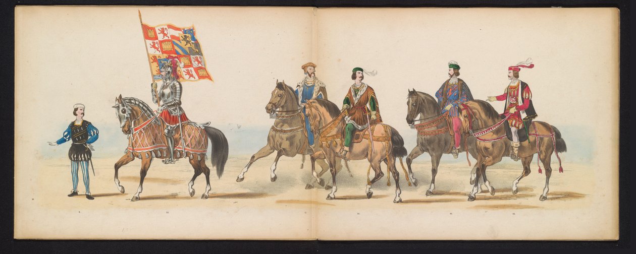Maskarada studentów z Leiden, 1855 (tablica 7) Procesja w kostiumach zorganizowana przez członków korpusu studenckiego Leiden w dniu 12 czerwca 1855 r., z okazji 280. rocznicy Leidsche Hoogeschool, przedstawiająca wjazd Karola V do autorstwa Gerardus Johannes Bos