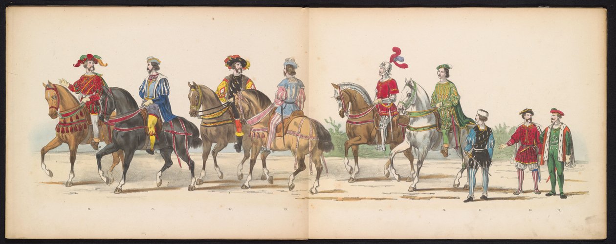 Maskarada studentów z Leiden, 1855 (tablica 9) Procesja w kostiumach zorganizowana przez członków korpusu studenckiego Leiden w dniu 12 czerwca 1855 r., z okazji 280. rocznicy Leidsche Hoogeschool, przedstawiająca wjazd Karola V do autorstwa Gerardus Johannes Bos