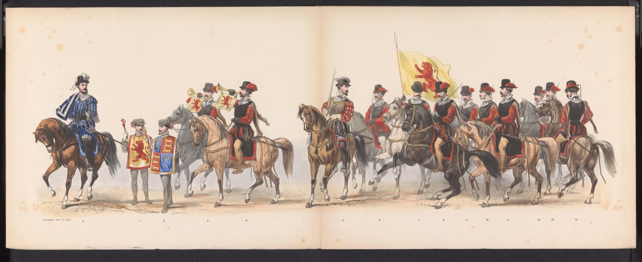 Maskarada studentów Leiden, 1870 (tablica 1) Procesja w kostiumach zorganizowana przez członków korpusu studenckiego Leiden w dniu 7 czerwca 1870 r., z okazji 295. rocznicy Leidsche Hoogeschool, przedstawiająca wizytę w Lejdzie w autorstwa Gerardus Johannes Bos