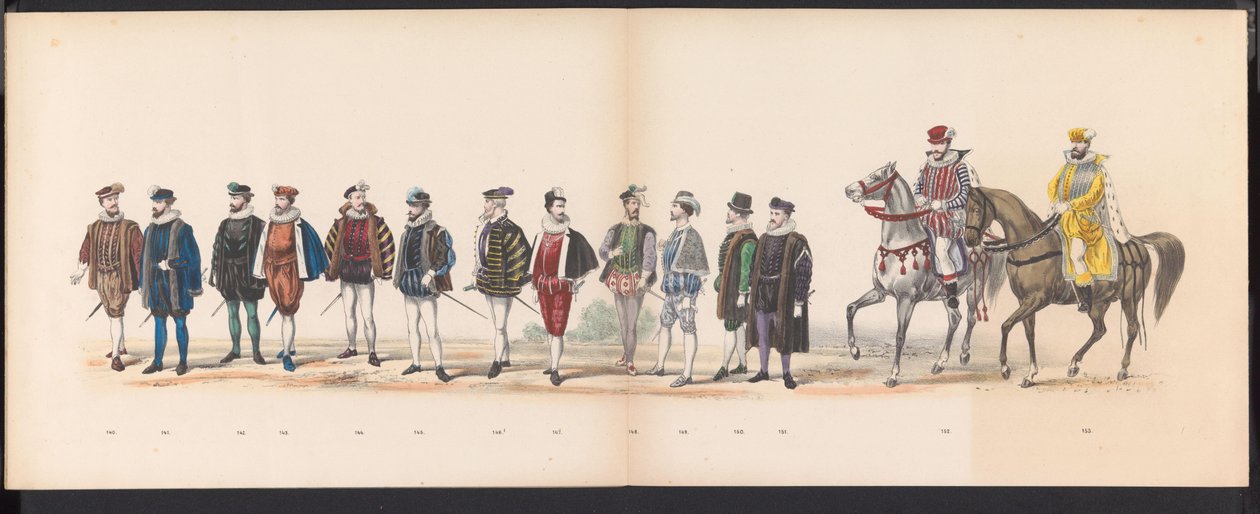 Maskarada studentów z Leiden, 1870 (tablica 12) Procesja w kostiumach zorganizowana przez członków korpusu studenckiego Leiden w dniu 7 czerwca 1870 r., z okazji 295. rocznicy Leidsche Hoogeschool, przedstawiająca wizytę w Lejdzie w autorstwa Gerardus Johannes Bos
