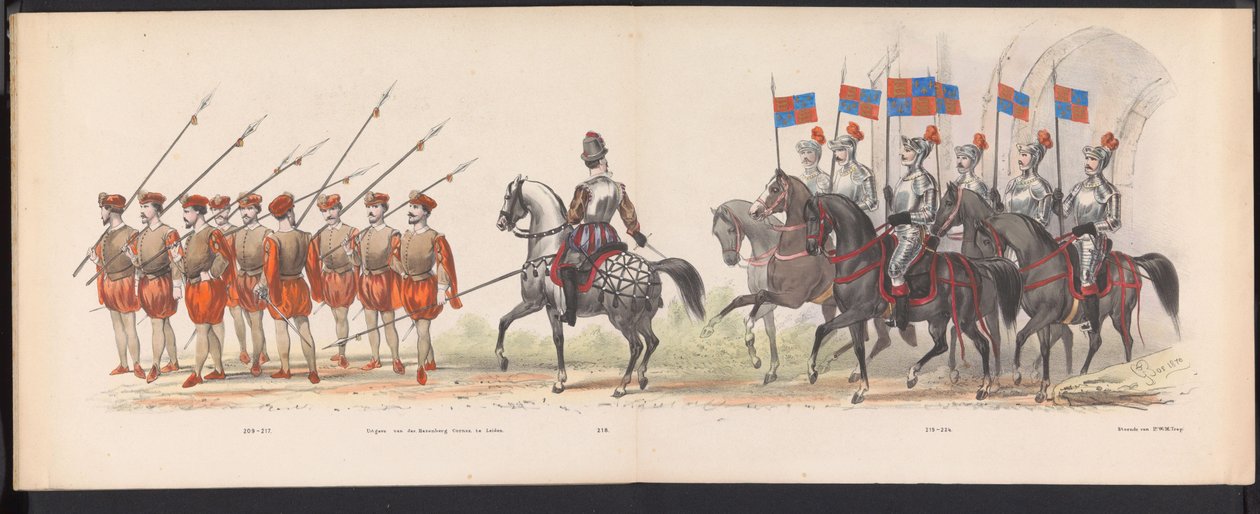 Maskarada studentów z Leiden, 1870 (tablica 18) Procesja w kostiumach zorganizowana przez członków korpusu studenckiego Leiden w dniu 7 czerwca 1870 r., z okazji 295. rocznicy Leidsche Hoogeschool, przedstawiająca wizytę w Lejdzie w autorstwa Gerardus Johannes Bos