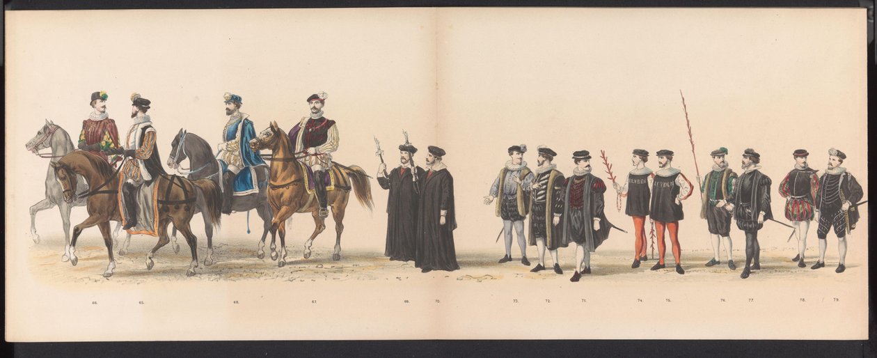 Maskarada uczniów Leiden, 1870 (tablica 6) Procesja w kostiumach zorganizowana przez członków korpusu studenckiego Leiden w dniu 7 czerwca 1870 r., z okazji 295. rocznicy Leidsche Hoogeschool, przedstawiająca wizytę w Lejdzie w autorstwa Gerardus Johannes Bos