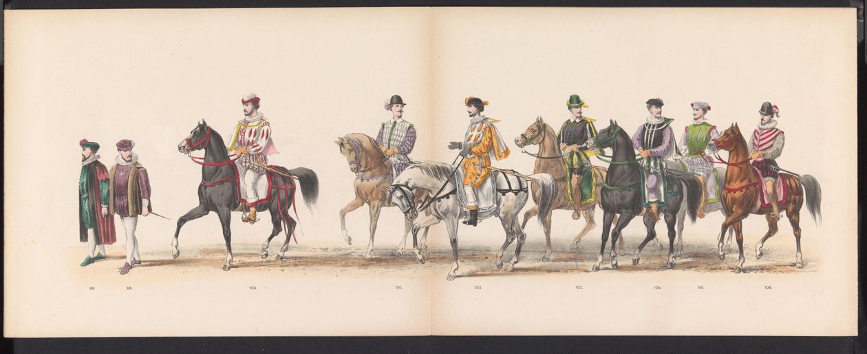 Maskarada studentów z Leiden, 1870 (tablica 8) Procesja w kostiumach zorganizowana przez członków korpusu studenckiego Leiden w dniu 7 czerwca 1870 r., z okazji 295. rocznicy Leidsche Hoogeschool, przedstawiająca wizytę w Lejdzie w autorstwa Gerardus Johannes Bos