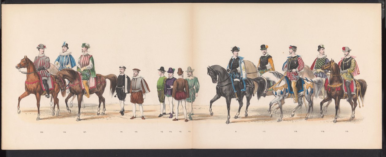 Maskarada studentów Leiden, 1870 (tablica 9) Procesja w kostiumach zorganizowana przez członków korpusu studenckiego Leiden w dniu 7 czerwca 1870 r., z okazji 295. rocznicy Leidsche Hoogeschool, przedstawiająca wizytę w Lejdzie w autorstwa Gerardus Johannes Bos