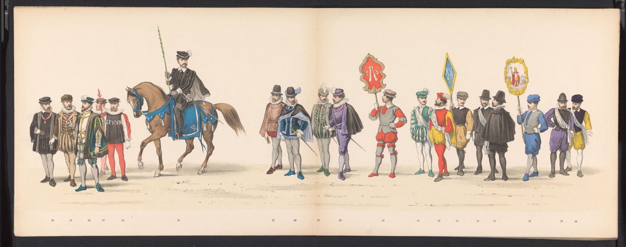 Maskarada uczniów Leiden, 1875 (tablica 2) Maskarada zorganizowana przez członków korpusu studenckiego Leiden 15 czerwca 1875 roku z okazji 300-lecia Leidsche Hoogeschool, przedstawiająca Leidsche Hoogeschool, przedstawioną na autorstwa Gerardus Johannes Bos