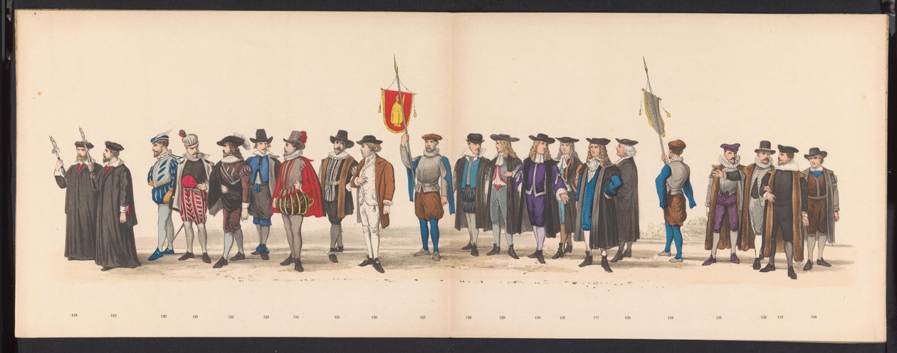 Maskarada studentów z Leiden, 1875 (tablica 8) Maskarada zorganizowana przez członków korpusu studenckiego Leiden 15 czerwca 1875 roku z okazji 300-lecia Leidsche Hoogeschool, przedstawiająca Leidsche Hoogeschool, przedstawioną na autorstwa Gerardus Johannes Bos
