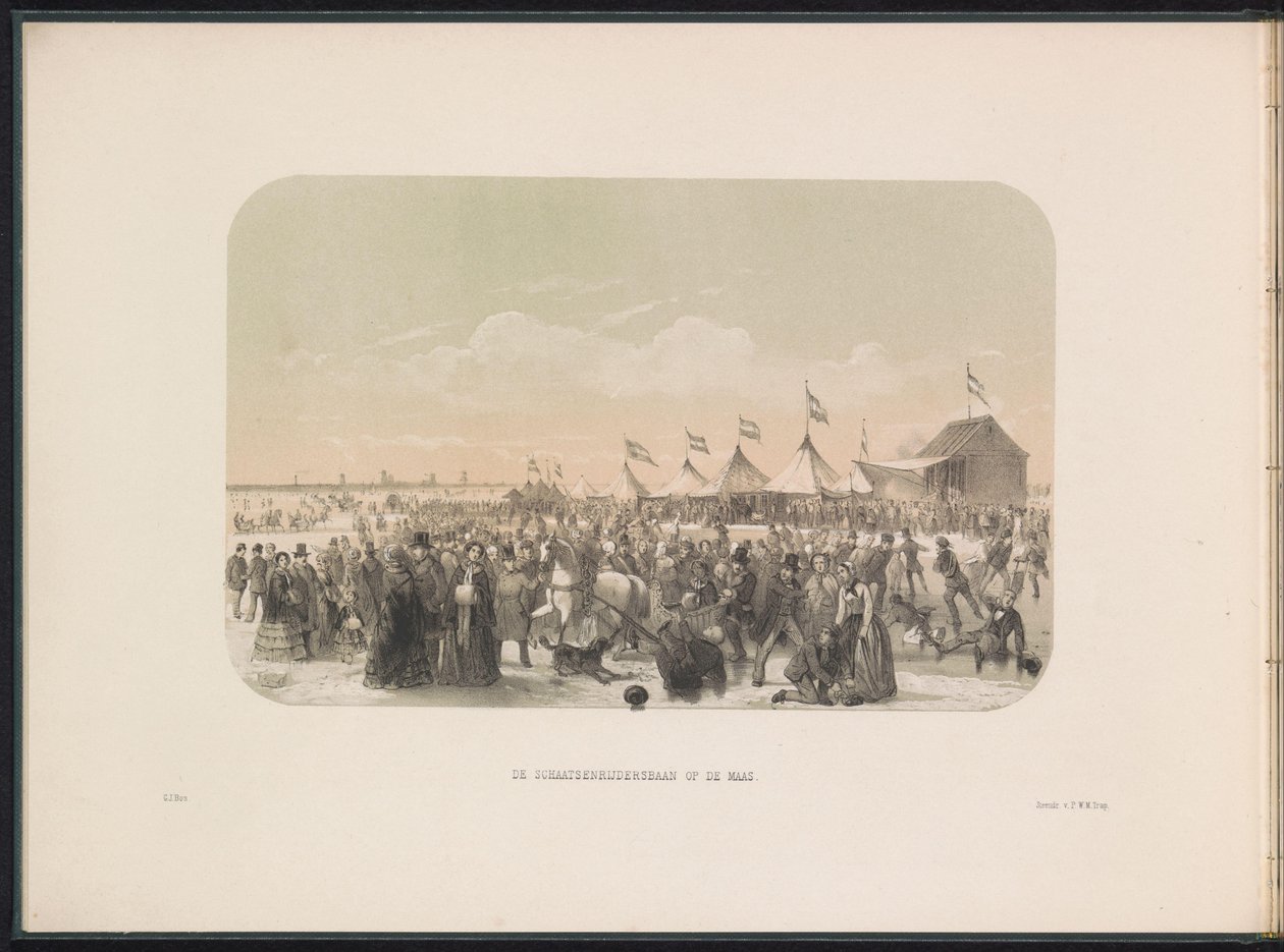 Łyżwiarstwo na Maas w Rotterdamie, 1855 Lodowisko na Maas (tytuł na obiekcie) Zabawa na lodzie na Maas w Rotterdamie w lutym 1855, z podpisami (tytuł serialu na obiekcie) autorstwa Gerardus Johannes Bos