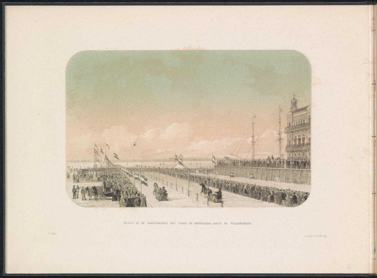 Wyścig powozów konnych na Maasie w Rotterdamie, 1855 r. Widok na wyścigi uprzęży z saniami konnymi i błazna, wzdłuż Willemskade (tytuł na obiekcie) Zabawa na lodzie na Maas w Rotterdamie w lutym 1855, z podpisami (tytuł serialu na obiekcie) autorstwa Gerardus Johannes Bos