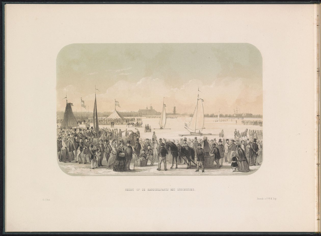 Konkurs na lodowe jachty żaglowe na Maasie w Rotterdamie, 1855 Widok na hardsailing party z bojerami (tytuł na obiekcie) Zabawa na lodzie na Maas w Rotterdamie w lutym 1855, z podpisami (tytuł serialu na obiekcie) autorstwa Gerardus Johannes Bos