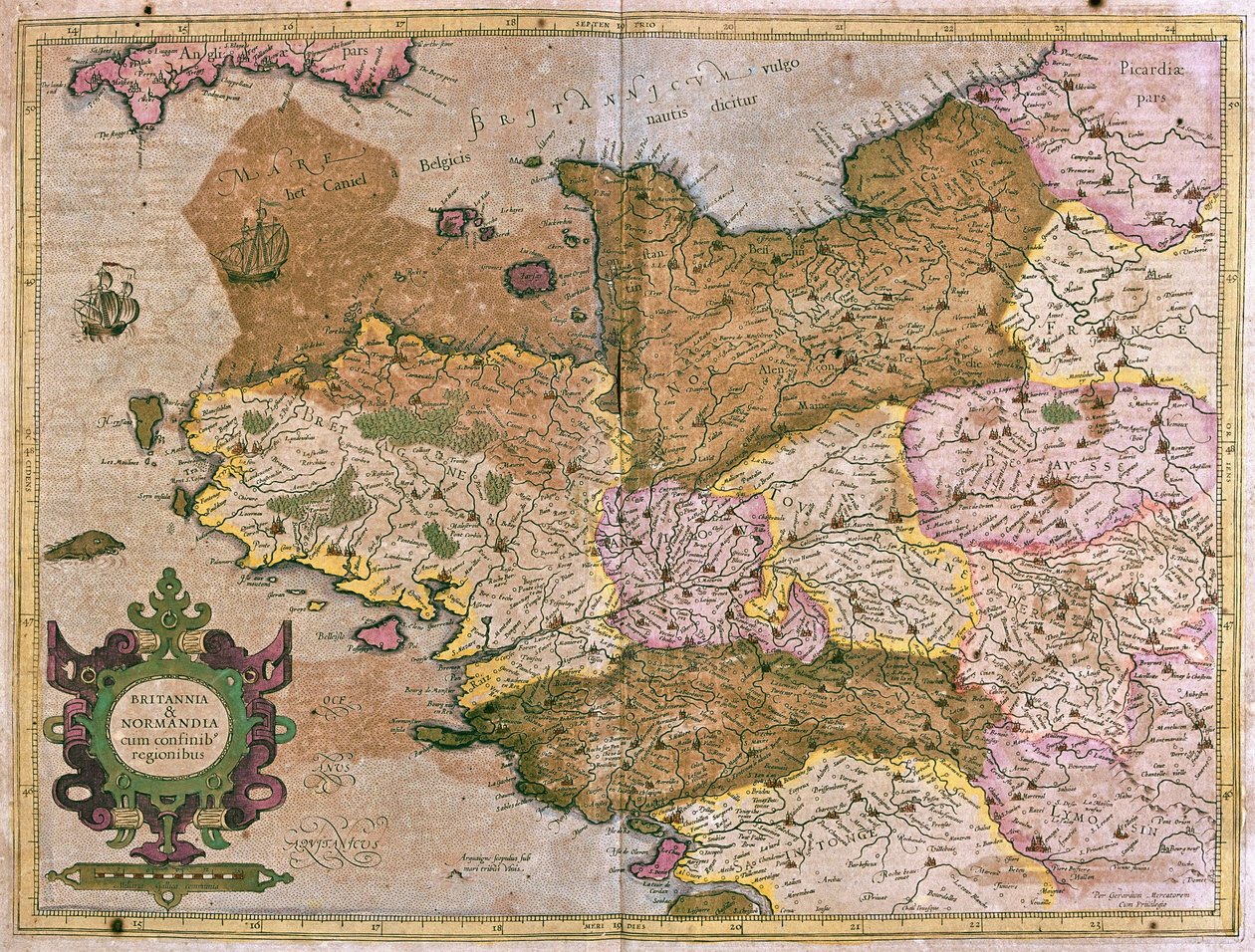 Bretania i Normandia, Francja (Grawerowanie autorstwa Gerardus Mercator