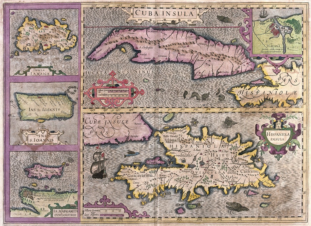 Kuba, Jamajka, Haiti, Portoryko (Karaiby) (grawerowanie autorstwa Gerardus Mercator