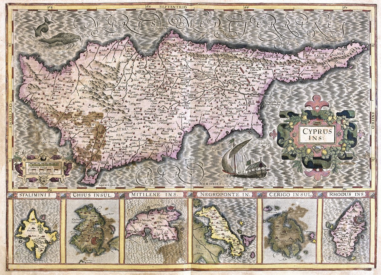 Cypr i wyspy Stalimini (Lemnos) Chios, Mitilene, Negroponte, Cerigo i Rhodus (grawerowanie autorstwa Gerardus Mercator