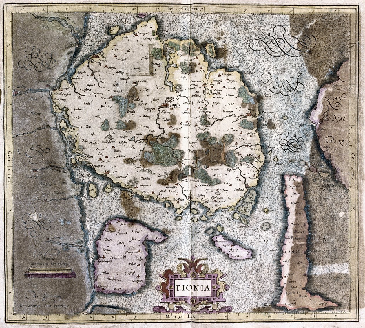 Dania (wyspa Langeland z Odense) (grawerowanie autorstwa Gerardus Mercator