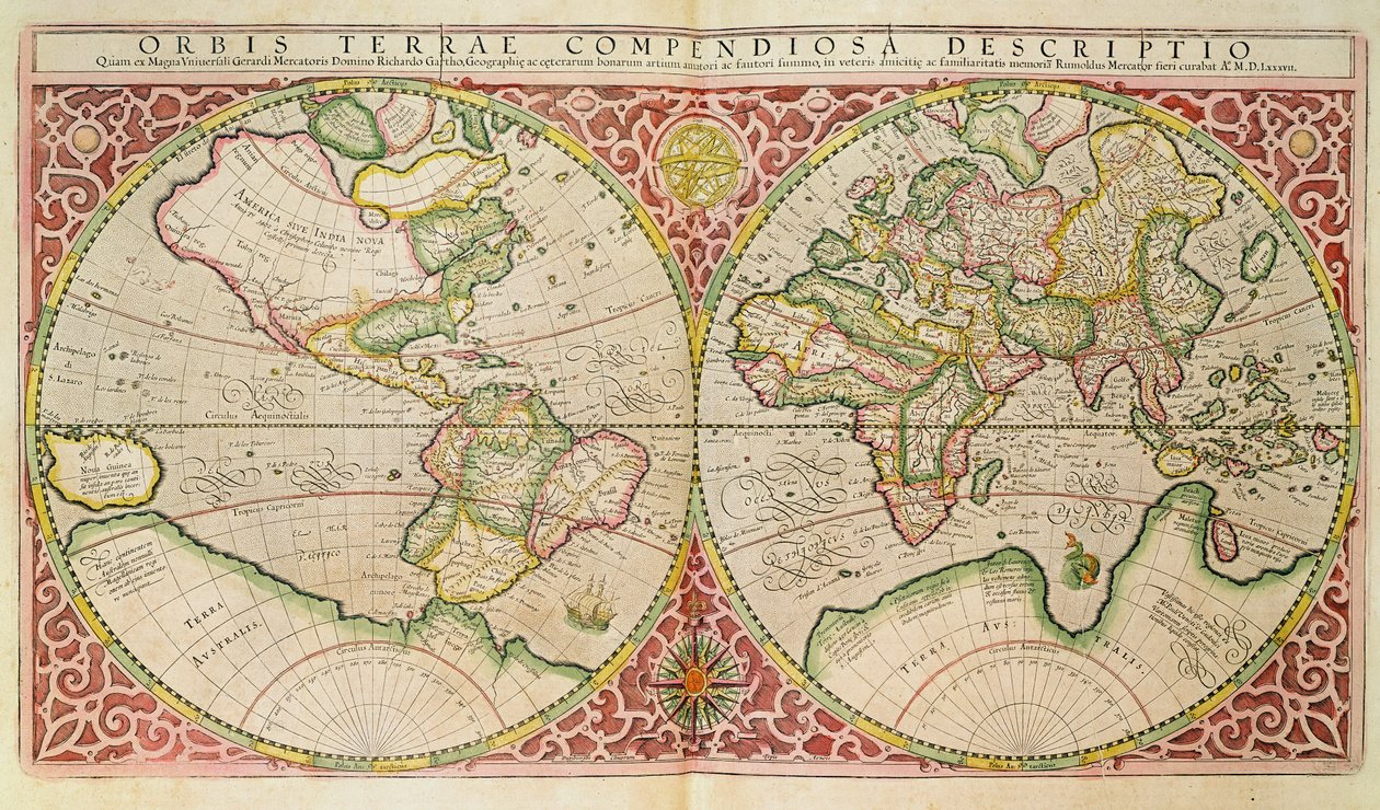 Mapa świata podwójnej półkuli, 1587 autorstwa Gerardus Mercator