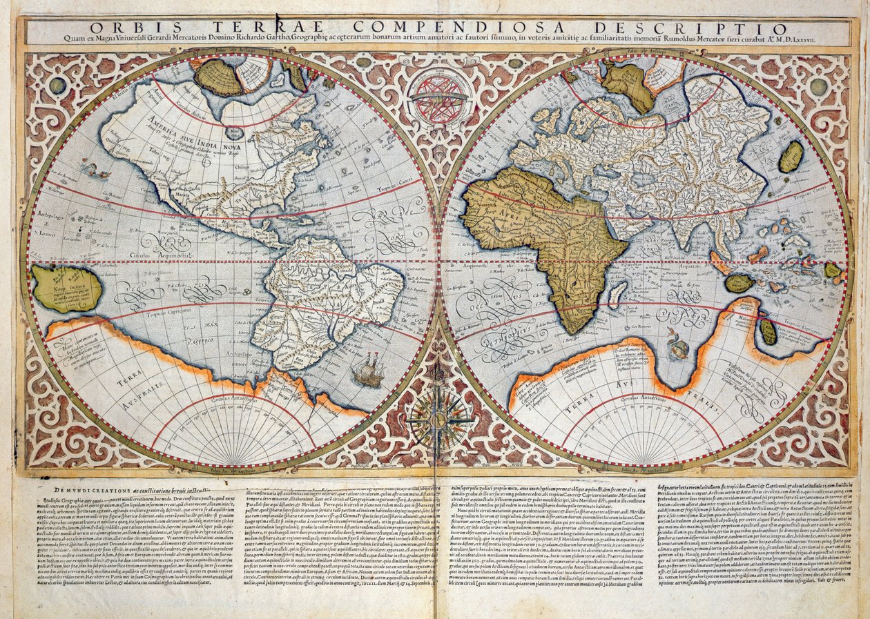 Mapa świata podwójnej półkuli, 1587 autorstwa Gerardus Mercator