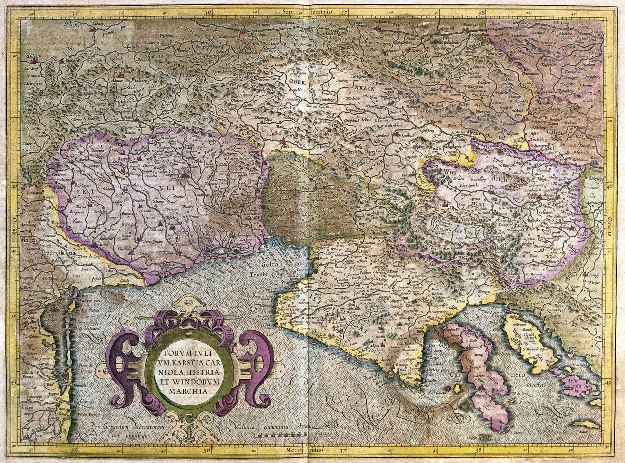Friuli, Włochy - Słowenia (Istria) z Zatoką Triesteńską i Bałkanami (grafika) autorstwa Gerardus Mercator