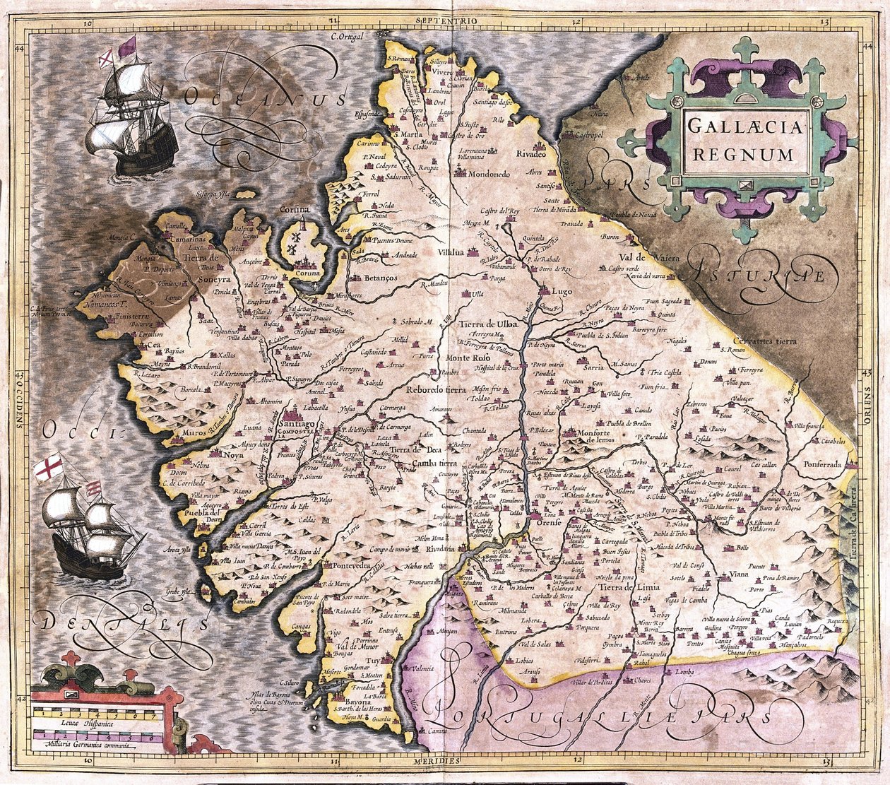 Galicia, Santiago de Compostela, Monforte de Lemos, północno-zachodnia Hiszpania (grawerowanie autorstwa Gerardus Mercator