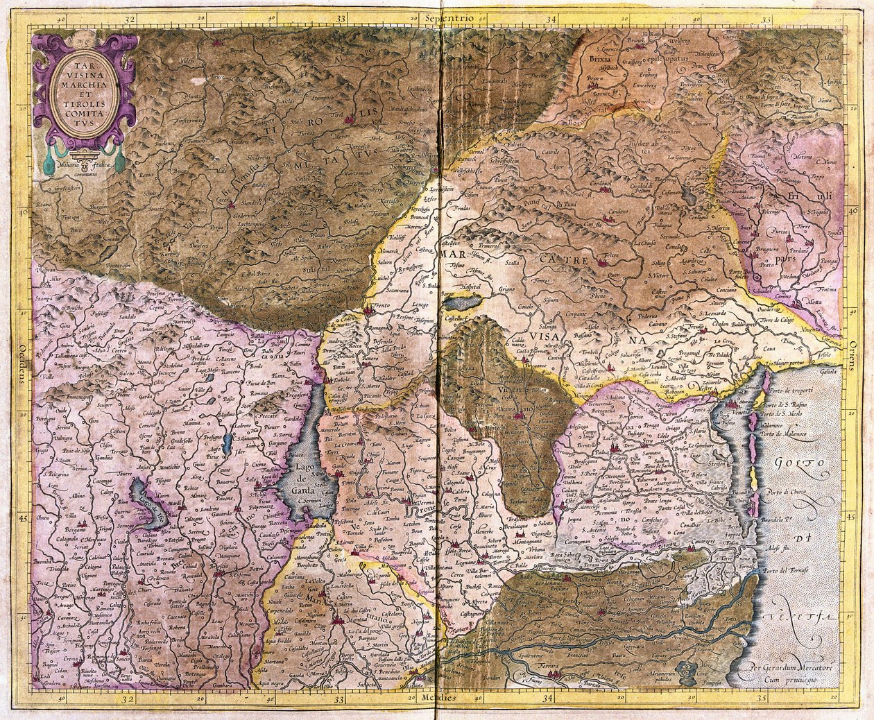 Z Zatoki Weneckiej do Tyrolu, z centrum nad Lago di Garda i Weroną we Włoszech (rycina autorstwa Gerardus Mercator