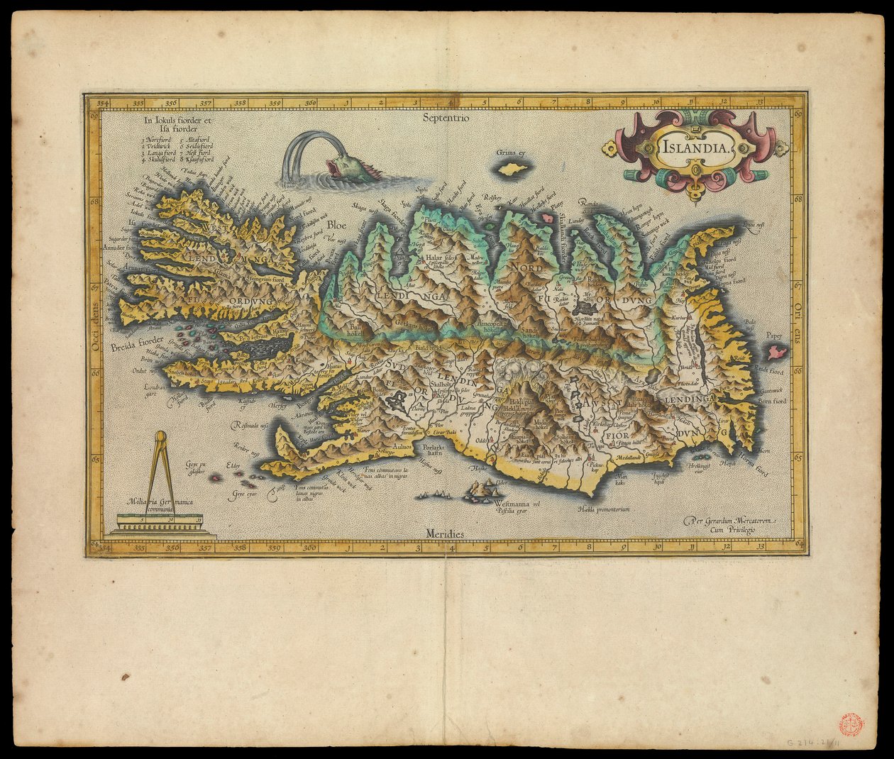 Islandia, Per Gerardum Mercatorem cum privilegio, ok. 1595 (tusz, akwarela, rycina, papier) autorstwa Gerardus Mercator