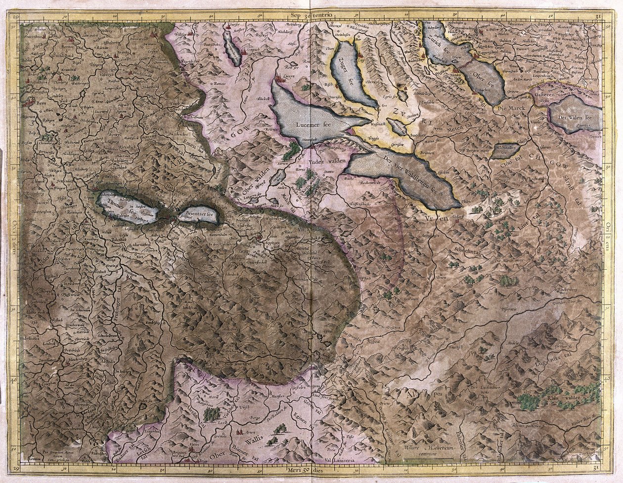 Jeziora w Szwajcarii (grawerowanie autorstwa Gerardus Mercator
