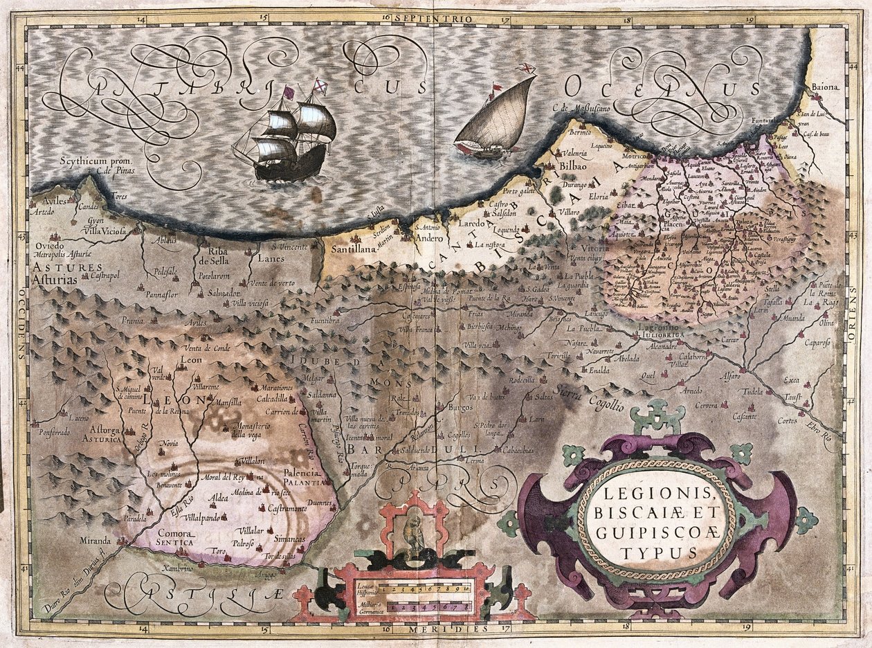Oviedo, Burgos, Bilbao, Bayonne (Asturia), Hiszpania (grawerowanie autorstwa Gerardus Mercator