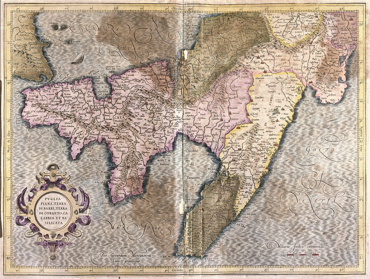 Apulia, Kalabria i Basilicata, Włochy (Grawerowanie autorstwa Gerardus Mercator