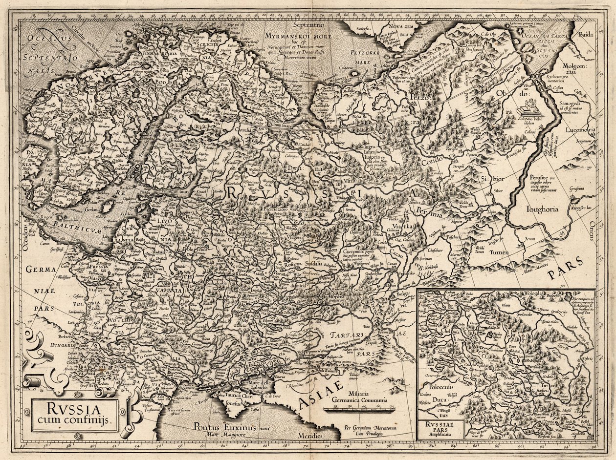 Rosja cum Confinijs. Mapa Rosji, 1587. autorstwa Gerardus Mercator