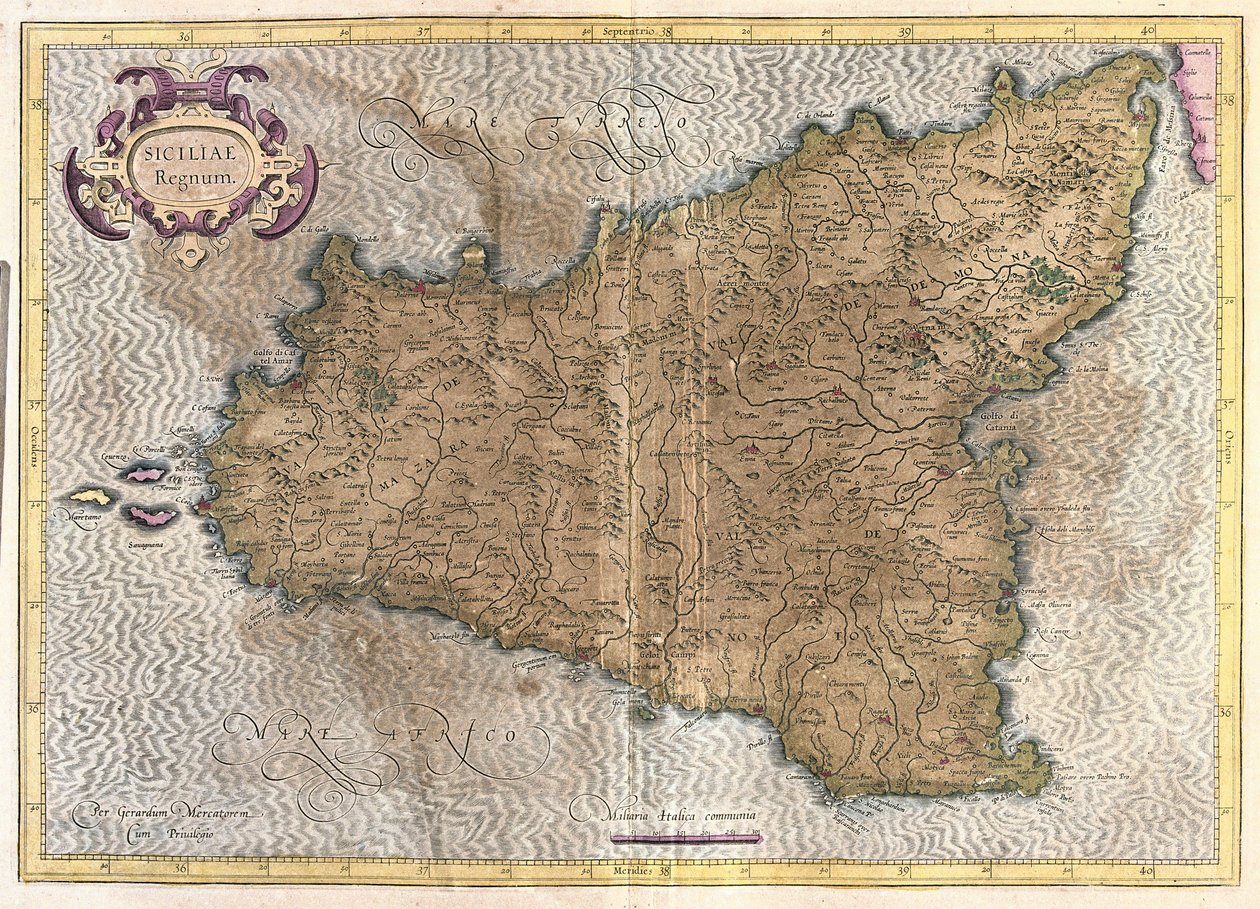 Sycylia, Włochy (grawerowanie autorstwa Gerardus Mercator