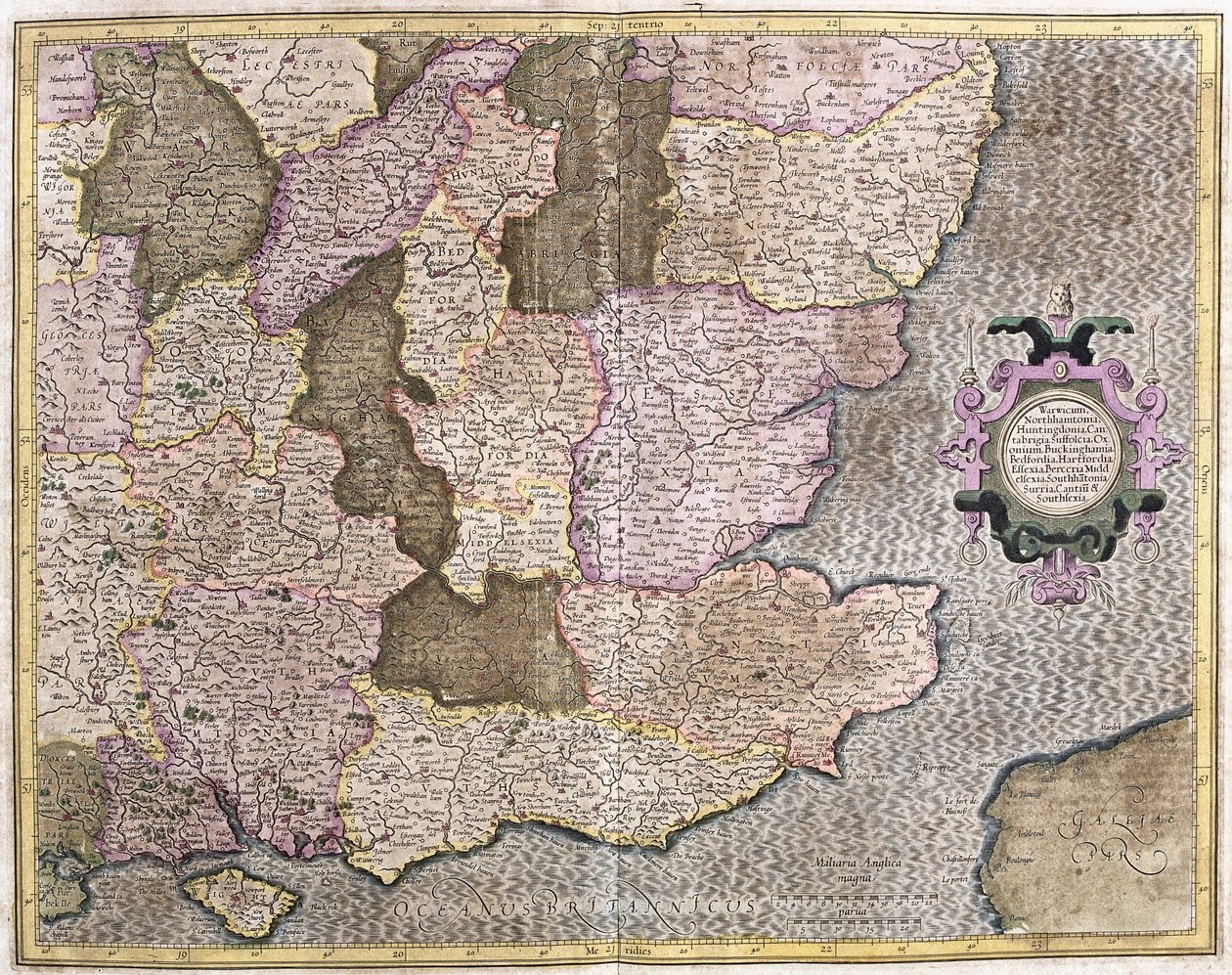 Południowo-wschodni region Anglii, w tym Kanał Brytyjski i Londyn (grawerowanie autorstwa Gerardus Mercator