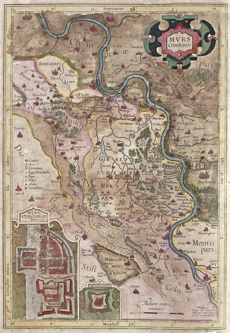Przebieg rzeki Ren w Westfalii w Niemczech (rycina autorstwa Gerardus Mercator