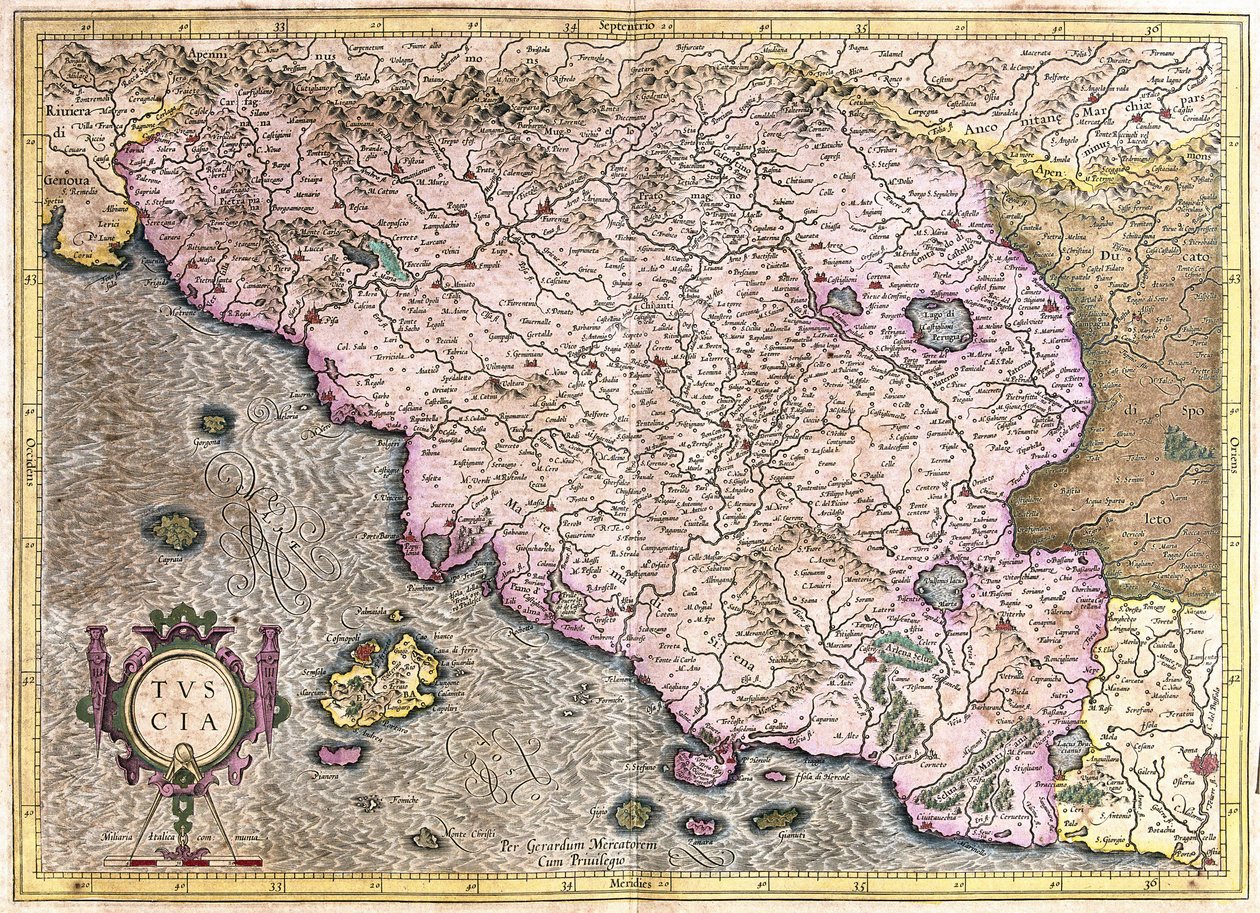 Toskania, Włochy (Grawerowanie autorstwa Gerardus Mercator