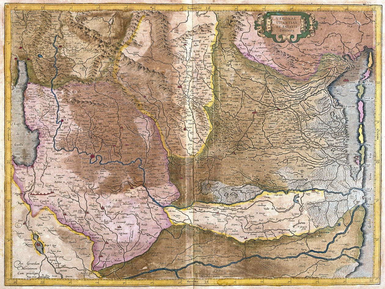 Werona, Vicenza i Padwa, Włochy (Grawerowanie autorstwa Gerardus Mercator