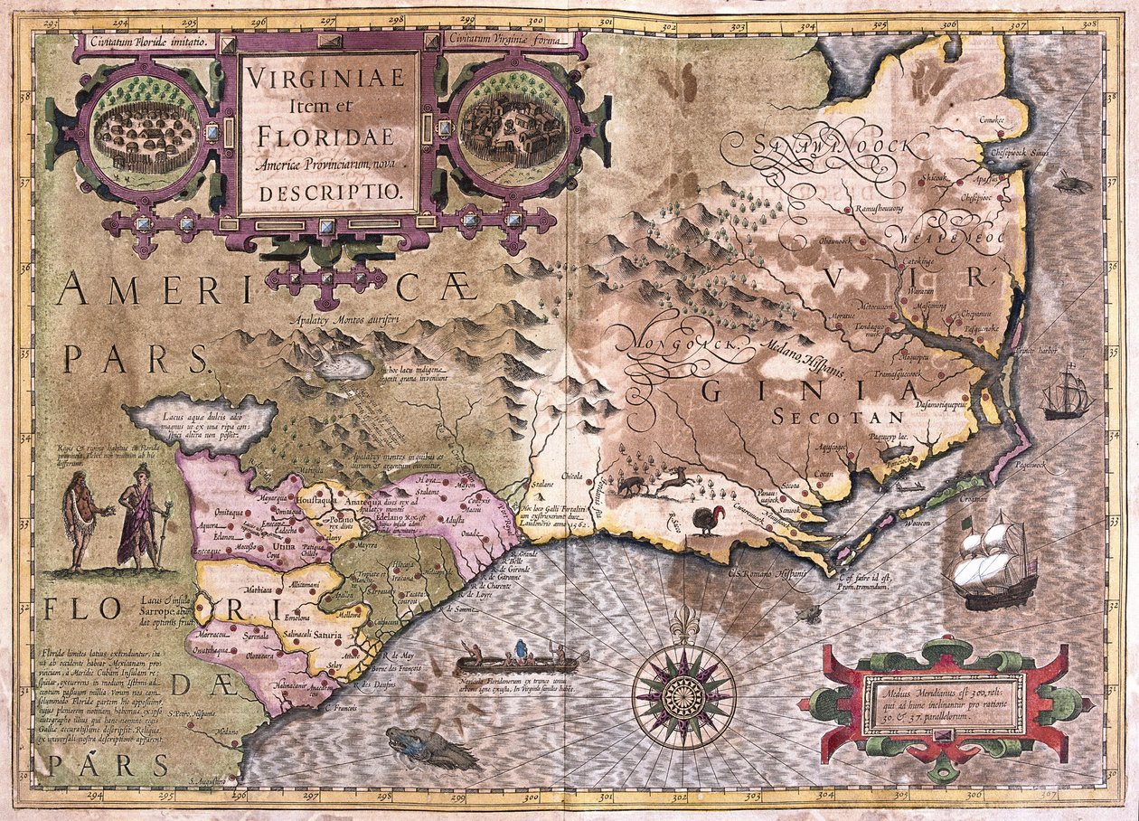 Wirginia i Floryda (grawerowanie autorstwa Gerardus Mercator