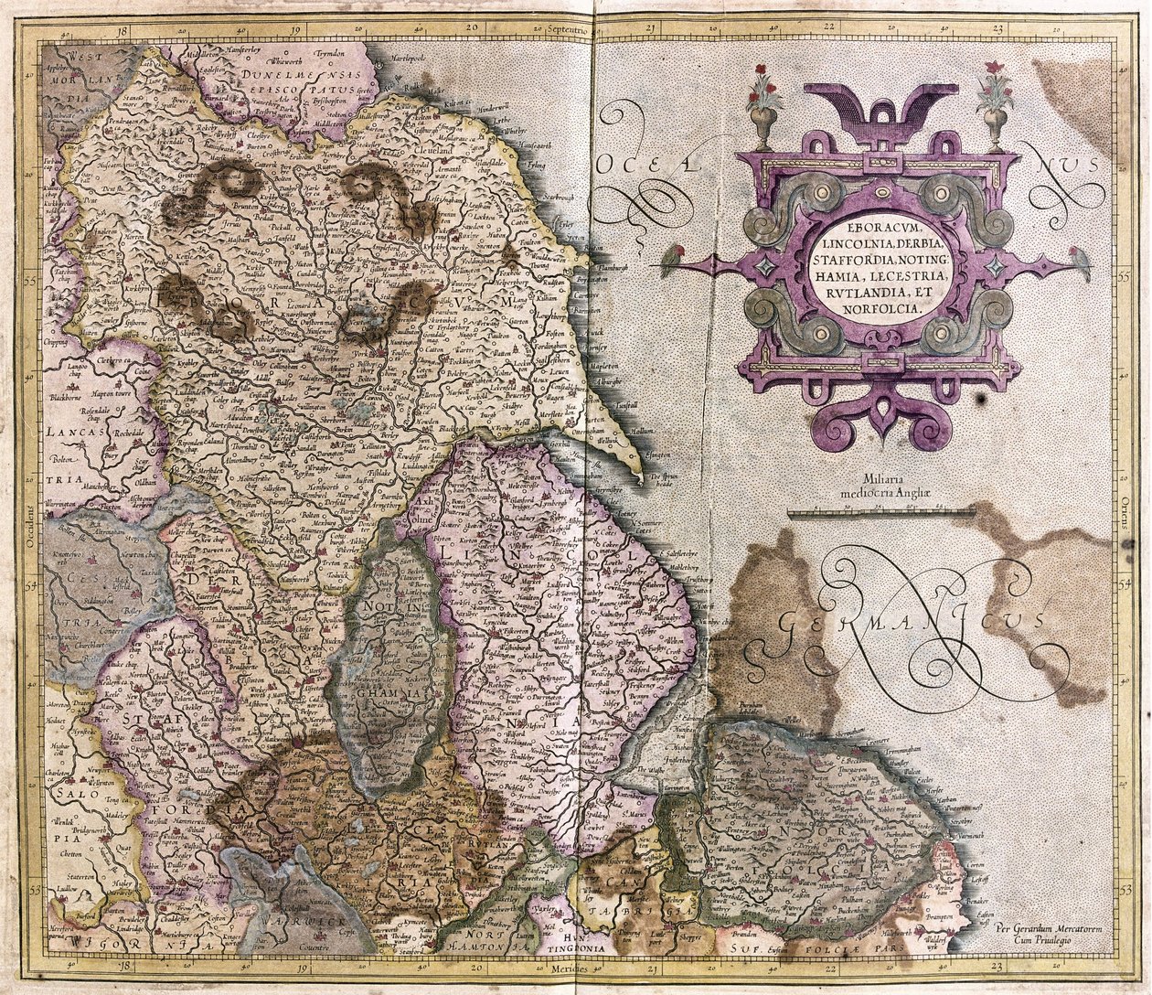 Yorkshire, Lincolnshire, Staffordshire, Nottinghamshire, Leicestershire, Rutland i Norfolf, Wielka Brytania autorstwa Gerardus Mercator